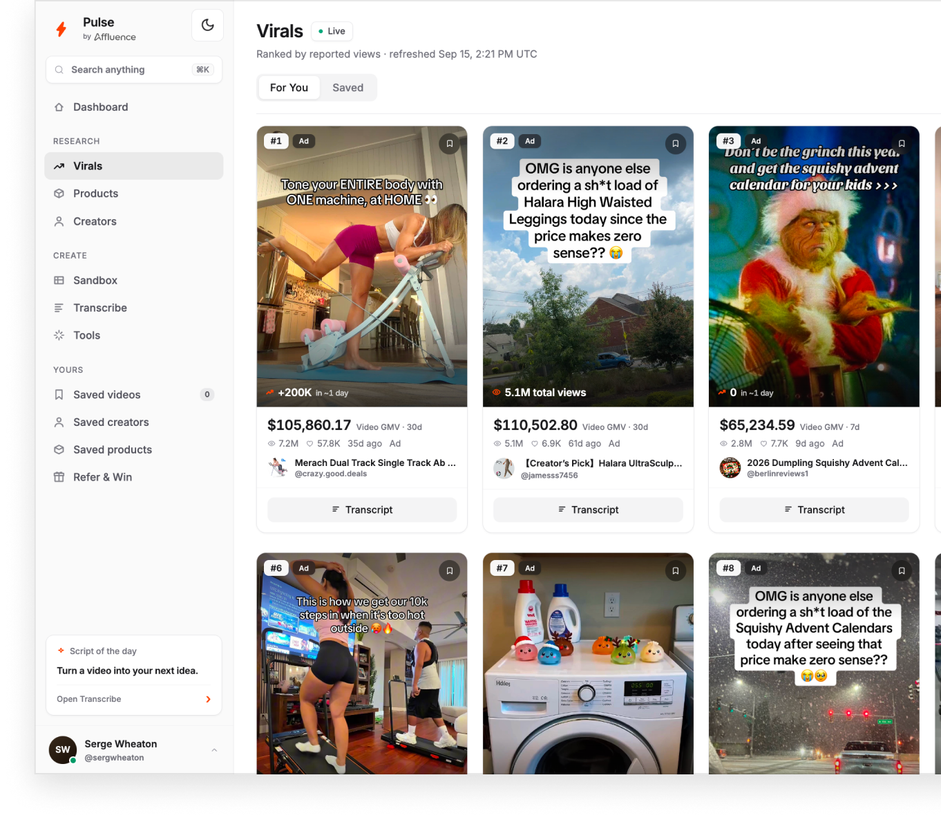 Pulse Virals research dashboard