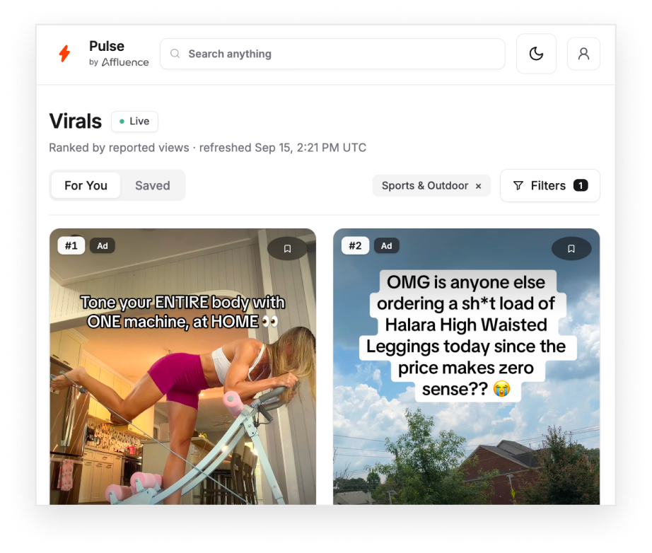 Pulse Virals feed with two top-performing videos